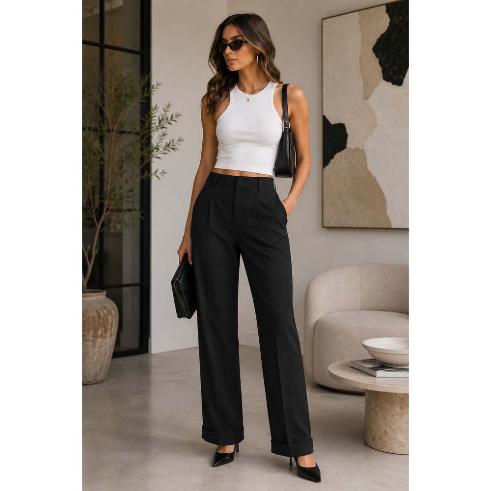 Commense Black High Waist Wide Leg Trousers Office Casual Pants Size M